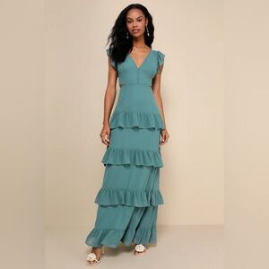 NWT Lulus Elegant Teal Ruffle Maxi Dress Side Cutouts